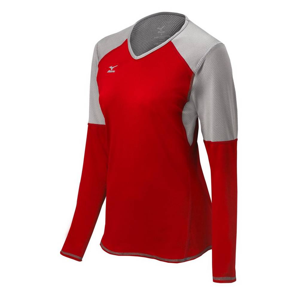 Camisas Mizuno Voleibol Techno VI Long Sleeve - Mulher - Vermelhas/Prateadas/Cinzentas - ZXEOB3650